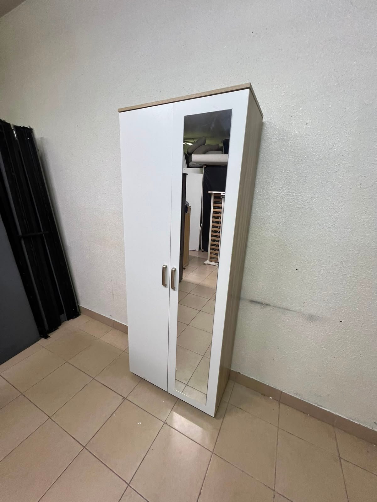 Modern White 2-Door Wardrobe with Full-Length Mirror & Light Wood Top – Tall Bedroom Armoire with Vertical Silver Handles & Black Legs - Image 4