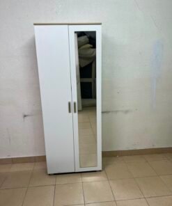 Modern White 2-Door Wardrobe with Full-Length Mirror & Light Wood Top – Tall Bedroom Armoire with Vertical Silver Handles & Black Legs