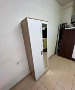 Modern White 2-Door Wardrobe with Full-Length Mirror & Light Wood Top – Tall Bedroom Armoire with Vertical Silver Handles & Black Legs - Image 6