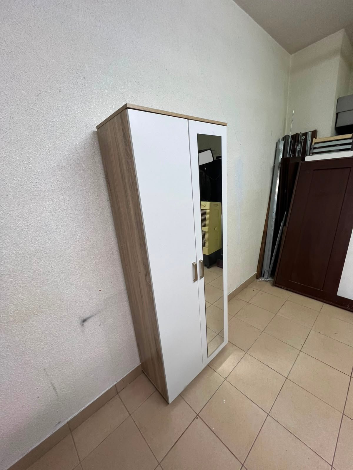 Modern White 2-Door Wardrobe with Full-Length Mirror & Light Wood Top – Tall Bedroom Armoire with Vertical Silver Handles & Black Legs - Image 6