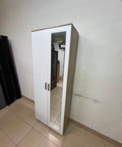 Modern White 2-Door Wardrobe with Full-Length Mirror & Light Wood Top – Tall Bedroom Armoire with Vertical Silver Handles & Black Legs - Image 8