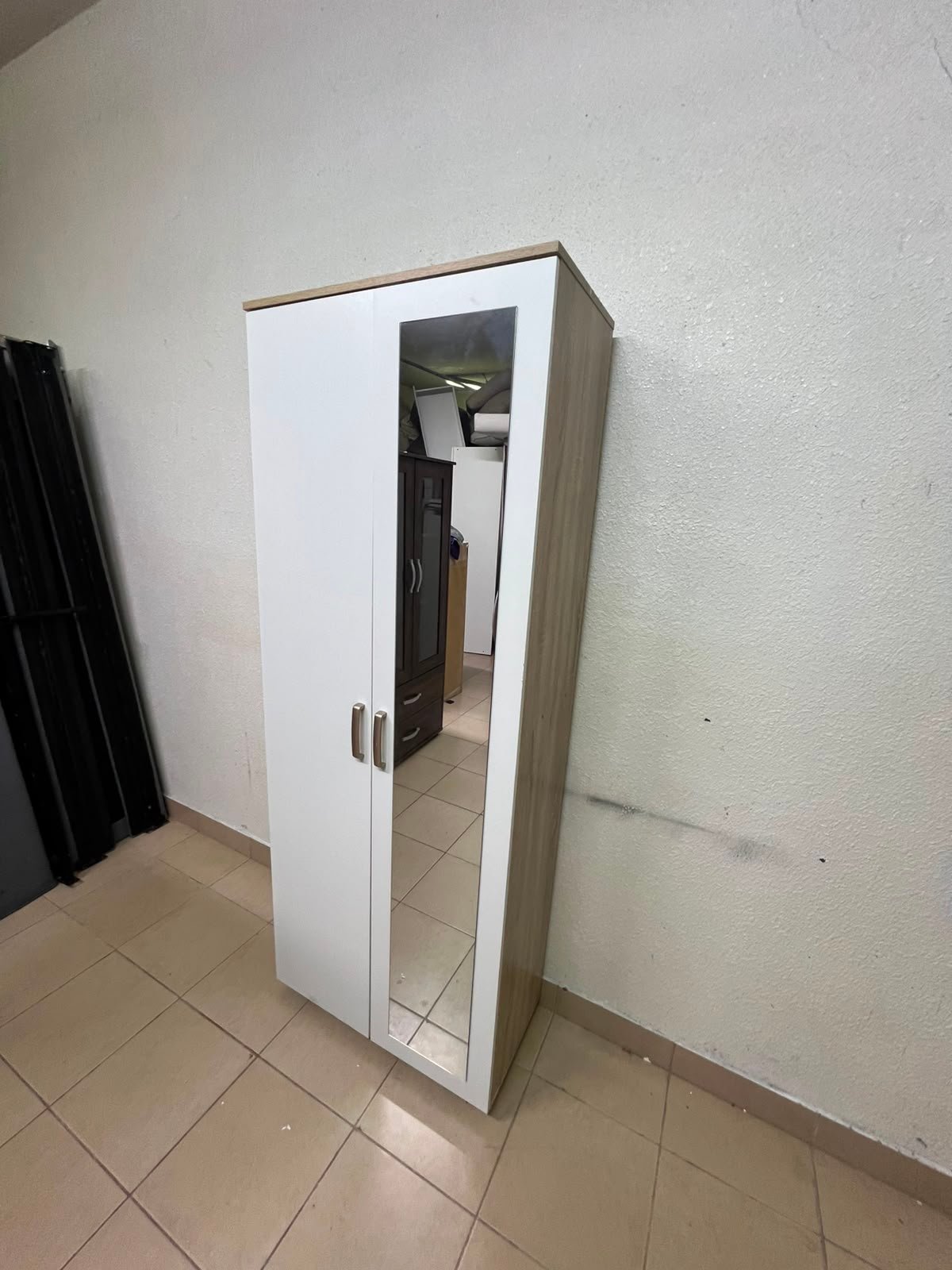 Modern White 2-Door Wardrobe with Full-Length Mirror & Light Wood Top – Tall Bedroom Armoire with Vertical Silver Handles & Black Legs - Image 8