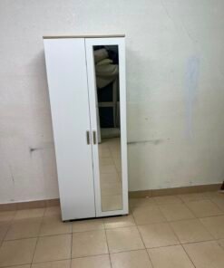 Modern White 2-Door Wardrobe with Full-Length Mirror & Light Wood Top – Tall Bedroom Armoire with Vertical Silver Handles & Black Legs - Image 9