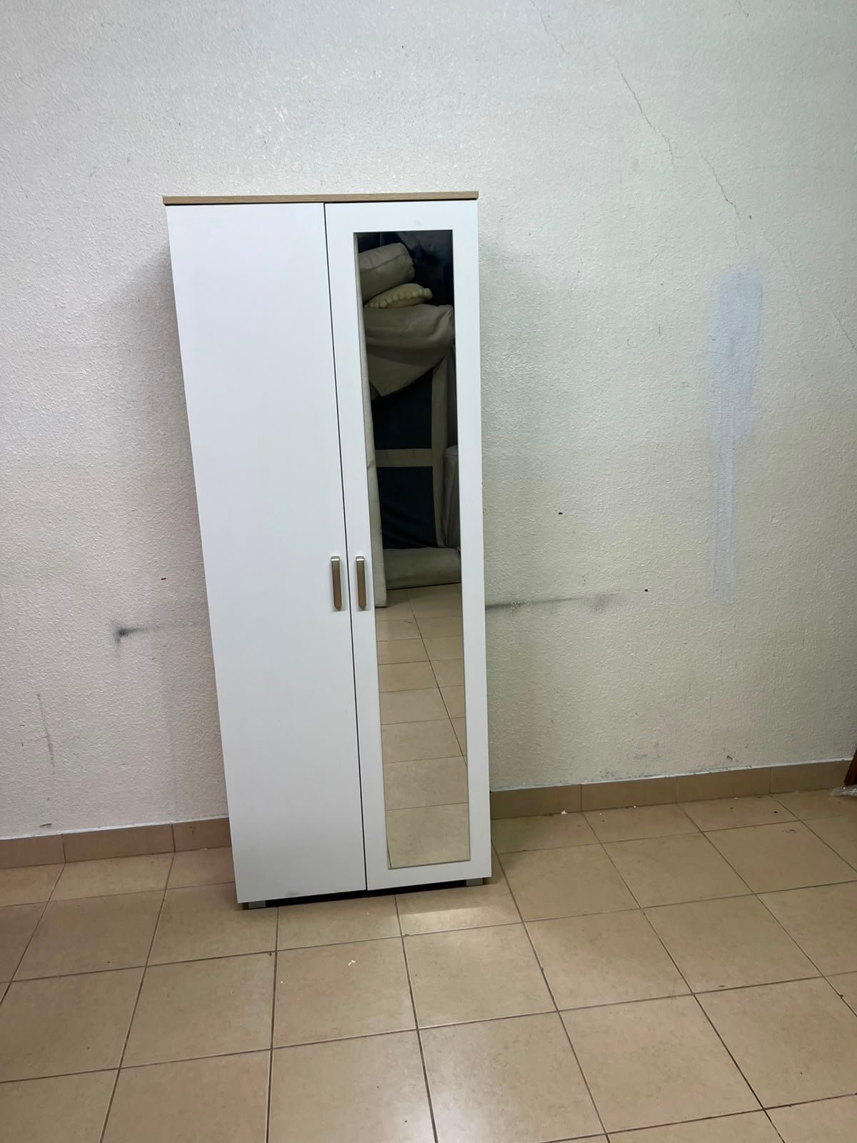 Modern White 2-Door Wardrobe with Full-Length Mirror & Light Wood Top – Tall Bedroom Armoire with Vertical Silver Handles & Black Legs - Image 9