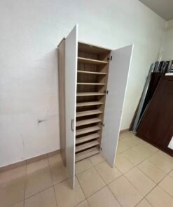 Modern White 2-Door Wardrobe with Full-Length Mirror & Light Wood Top – Tall Bedroom Armoire with Vertical Silver Handles & Black Legs - Image 12