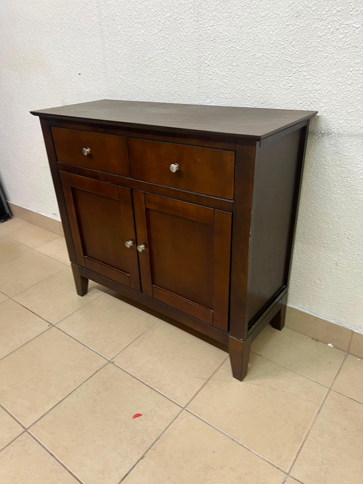 Classic Dark Brown Wooden Sideboard / Storage Cabinet – 2 Drawers & 2 Paneled Doors with Silver Knobs & Sturdy Square Legs - Image 3