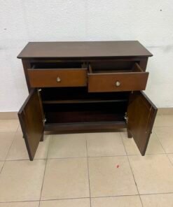 Classic Dark Brown Wooden Sideboard / Storage Cabinet – 2 Drawers & 2 Paneled Doors with Silver Knobs & Sturdy Square Legs - Image 4