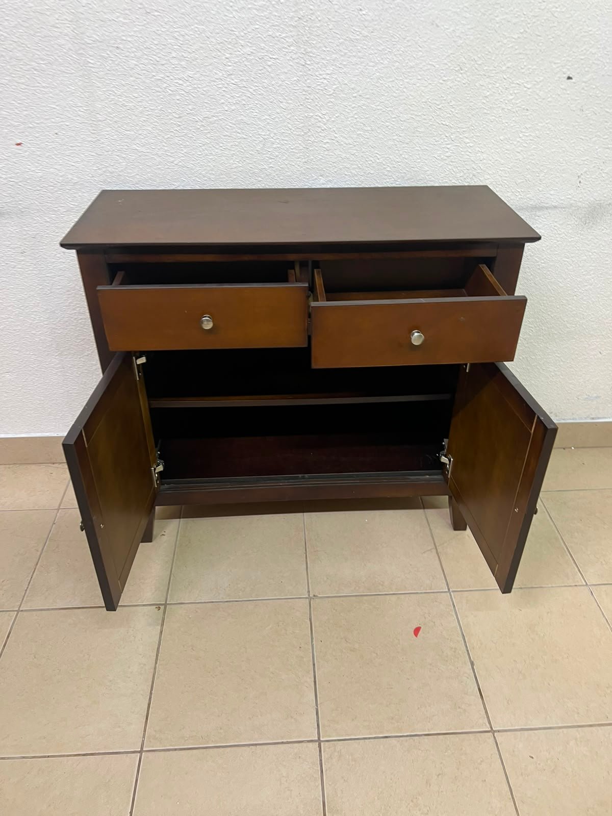 Classic Dark Brown Wooden Sideboard / Storage Cabinet – 2 Drawers & 2 Paneled Doors with Silver Knobs & Sturdy Square Legs - Image 4