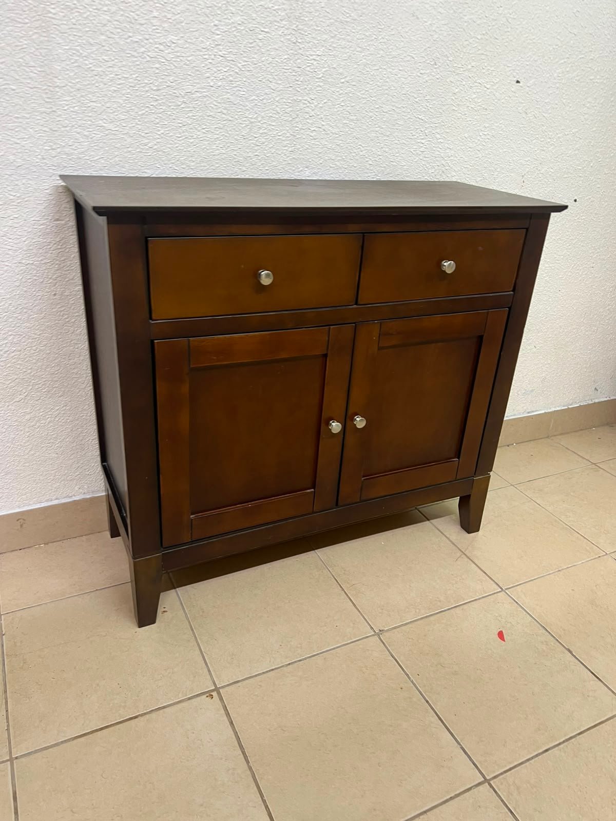 Classic Dark Brown Wooden Sideboard / Storage Cabinet – 2 Drawers & 2 Paneled Doors with Silver Knobs & Sturdy Square Legs - Image 5