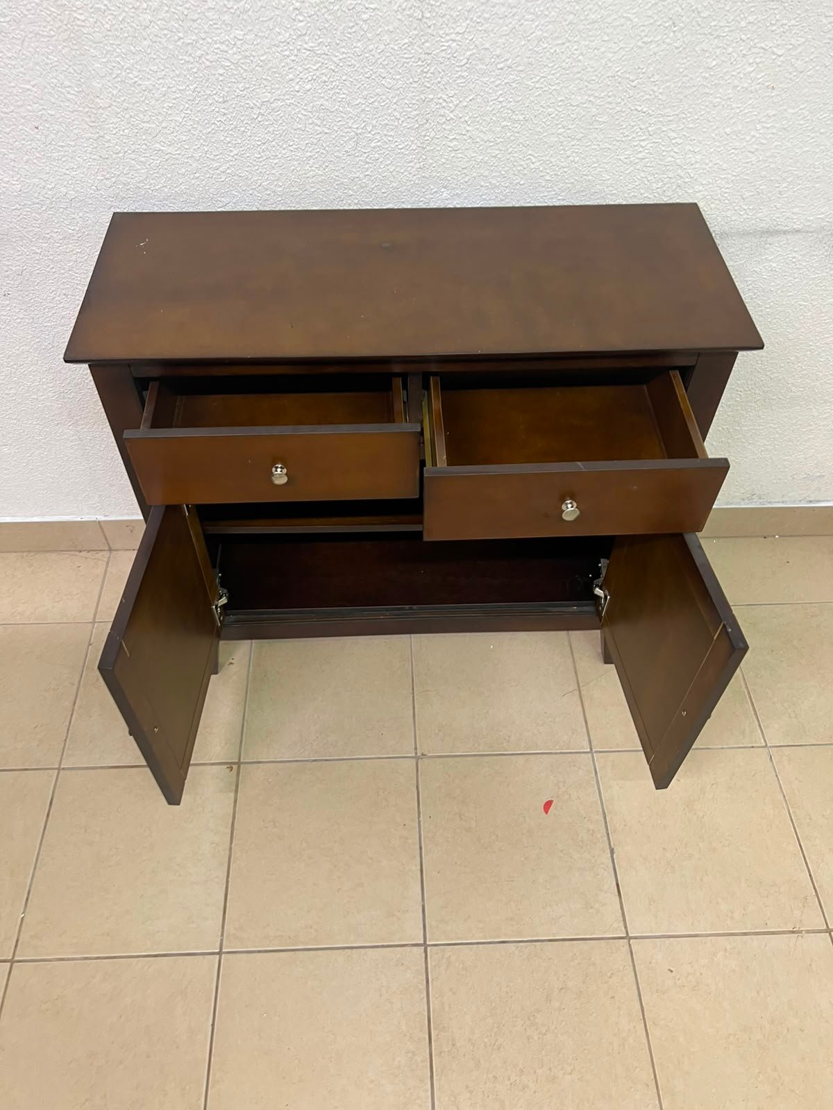 Classic Dark Brown Wooden Sideboard / Storage Cabinet – 2 Drawers & 2 Paneled Doors with Silver Knobs & Sturdy Square Legs - Image 7