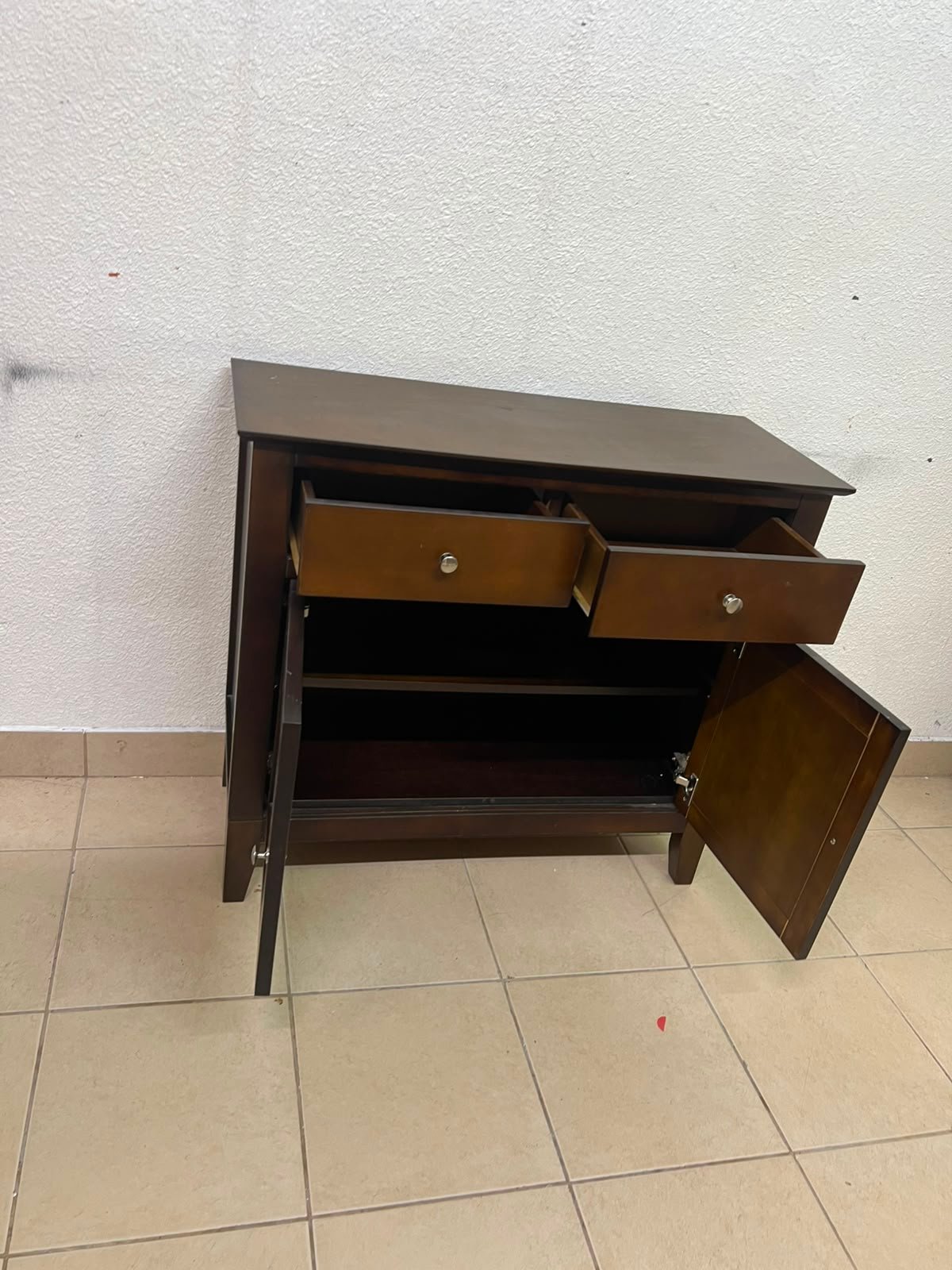 Classic Dark Brown Wooden Sideboard / Storage Cabinet – 2 Drawers & 2 Paneled Doors with Silver Knobs & Sturdy Square Legs - Image 8