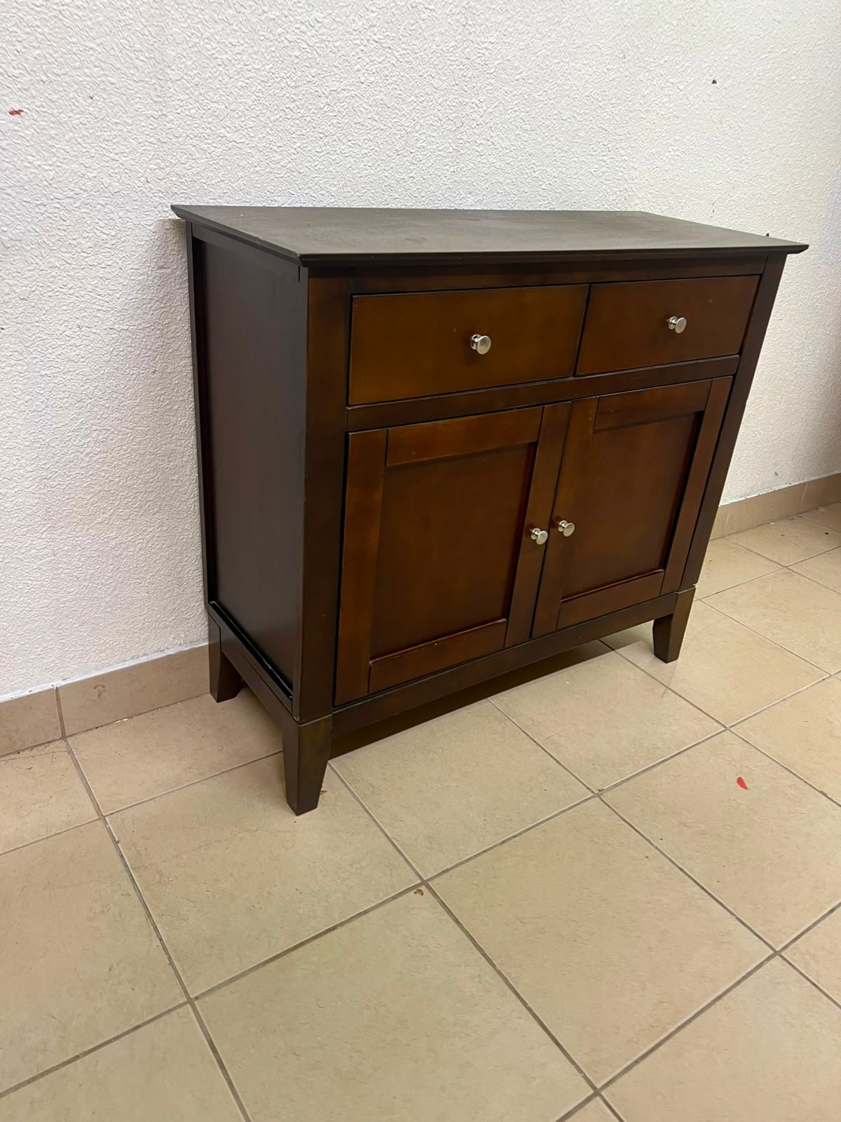 Classic Dark Brown Wooden Sideboard / Storage Cabinet – 2 Drawers & 2 Paneled Doors with Silver Knobs & Sturdy Square Legs - Image 9