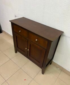 Classic Dark Brown Wooden Sideboard / Storage Cabinet – 2 Drawers & 2 Paneled Doors with Silver Knobs & Sturdy Square Legs - Image 10