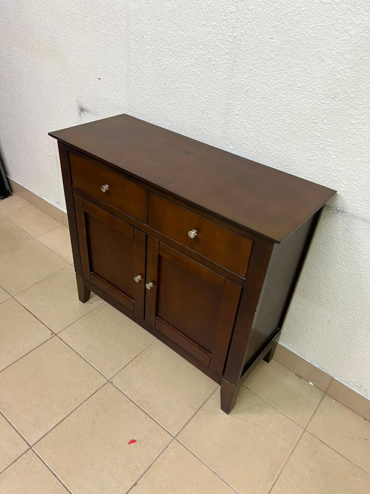 Classic Dark Brown Wooden Sideboard / Storage Cabinet – 2 Drawers & 2 Paneled Doors with Silver Knobs & Sturdy Square Legs - Image 10