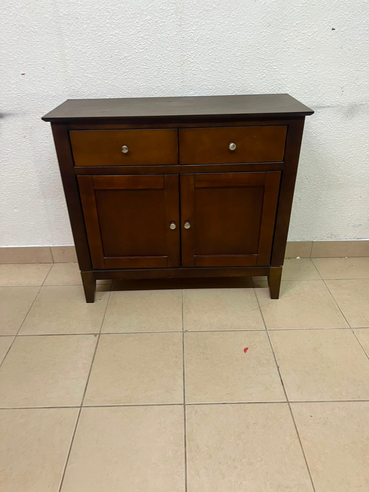 Classic Dark Brown Wooden Sideboard / Storage Cabinet – 2 Drawers & 2 Paneled Doors with Silver Knobs & Sturdy Square Legs
