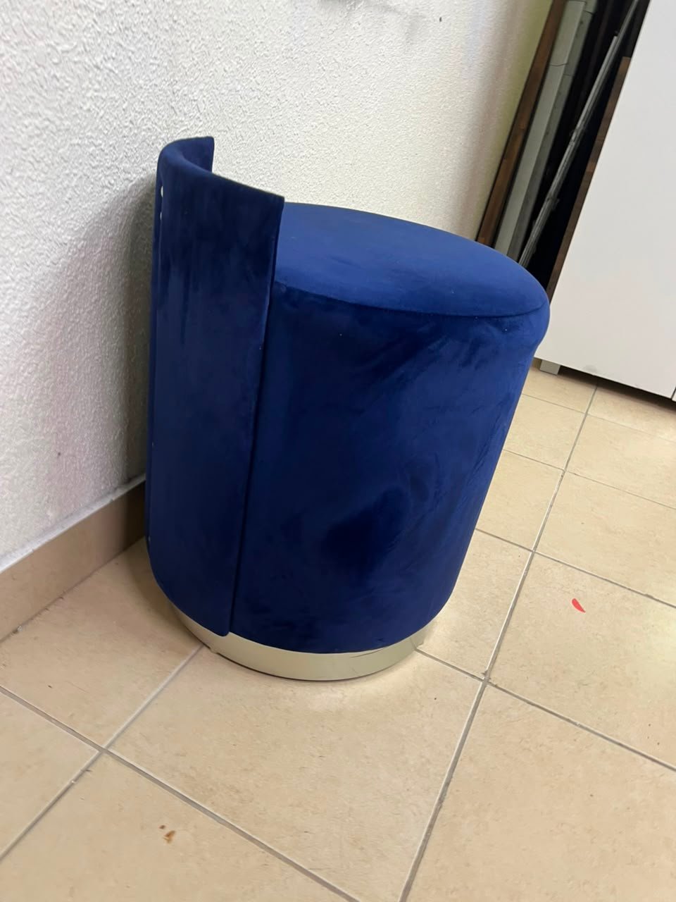 Luxurious Royal Blue Velvet Vanity Stool / Ottoman with Low Backrest – Glamorous Accent Seat with Brushed Chrome/Silver Plinth Base - Image 2
