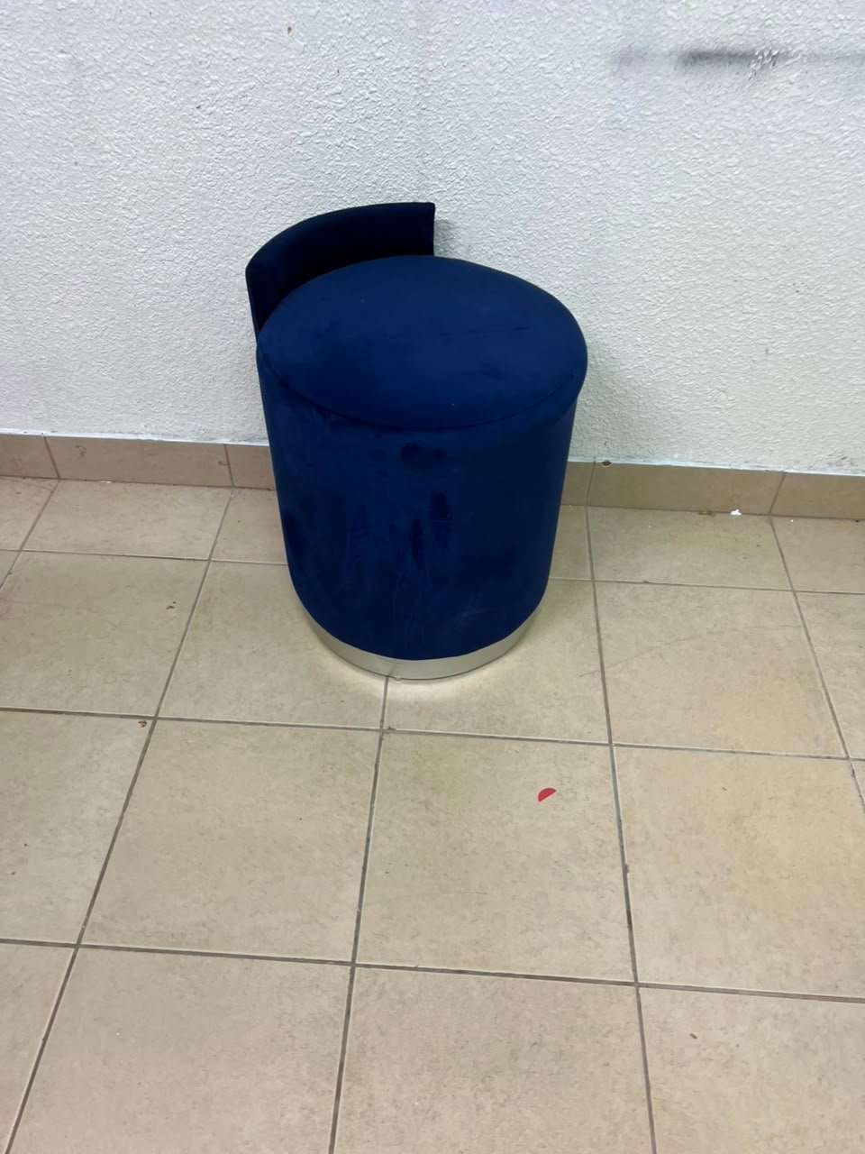 Luxurious Royal Blue Velvet Vanity Stool / Ottoman with Low Backrest – Glamorous Accent Seat with Brushed Chrome/Silver Plinth Base - Image 3