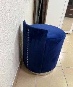 Luxurious Royal Blue Velvet Vanity Stool / Ottoman with Low Backrest – Glamorous Accent Seat with Brushed Chrome/Silver Plinth Base - Image 5