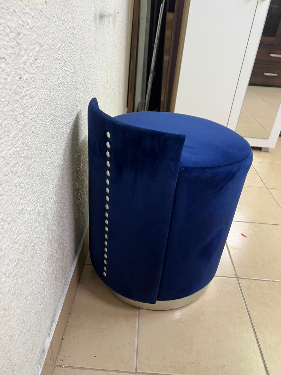 Luxurious Royal Blue Velvet Vanity Stool / Ottoman with Low Backrest – Glamorous Accent Seat with Brushed Chrome/Silver Plinth Base - Image 5