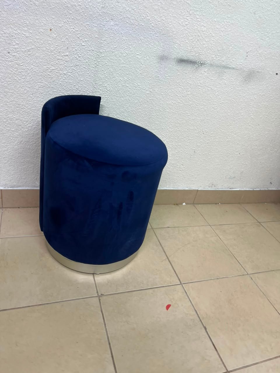 Luxurious Royal Blue Velvet Vanity Stool / Ottoman with Low Backrest – Glamorous Accent Seat with Brushed Chrome/Silver Plinth Base - Image 6