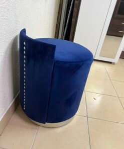 Luxurious Royal Blue Velvet Vanity Stool / Ottoman with Low Backrest – Glamorous Accent Seat with Brushed Chrome/Silver Plinth Base - Image 7