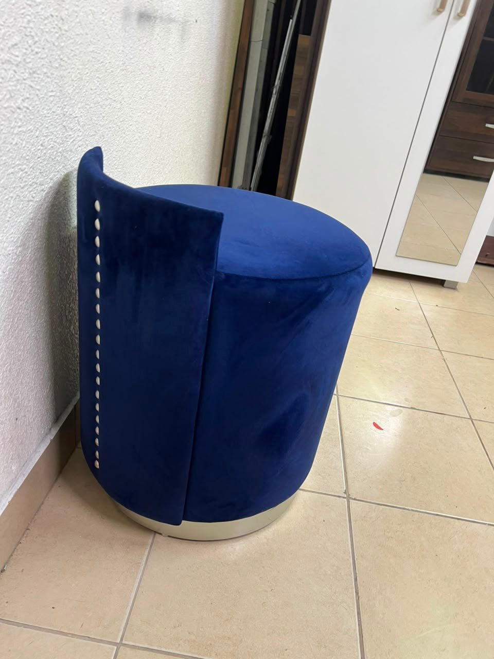 Luxurious Royal Blue Velvet Vanity Stool / Ottoman with Low Backrest – Glamorous Accent Seat with Brushed Chrome/Silver Plinth Base - Image 7