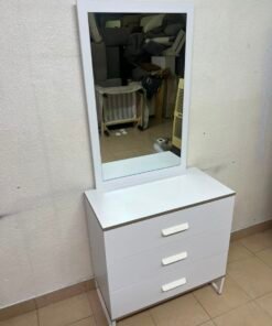 Modern White Vanity Dressing Table with Large Rectangular Mirror & 3 Drawers – Minimalist Makeup Station with Sleek Horizontal Handles & Angled Metal Legs - Image 2