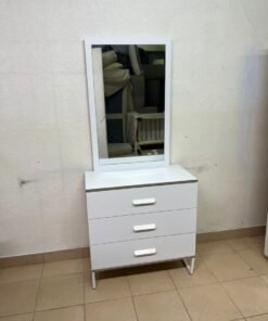 Modern White Vanity Dressing Table with Large Rectangular Mirror & 3 Drawers – Minimalist Makeup Station with Sleek Horizontal Handles & Angled Metal Legs - Image 3