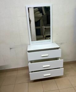 Modern White Vanity Dressing Table with Large Rectangular Mirror & 3 Drawers – Minimalist Makeup Station with Sleek Horizontal Handles & Angled Metal Legs - Image 5
