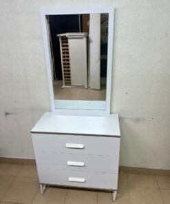 Modern White Vanity Dressing Table with Large Rectangular Mirror & 3 Drawers – Minimalist Makeup Station with Sleek Horizontal Handles & Angled Metal Legs - Image 6