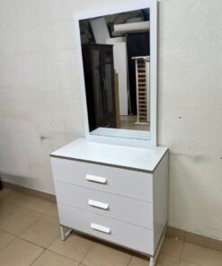 Modern White Vanity Dressing Table with Large Rectangular Mirror & 3 Drawers – Minimalist Makeup Station with Sleek Horizontal Handles & Angled Metal Legs - Image 7
