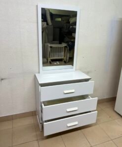 Modern White Vanity Dressing Table with Large Rectangular Mirror & 3 Drawers – Minimalist Makeup Station with Sleek Horizontal Handles & Angled Metal Legs - Image 8