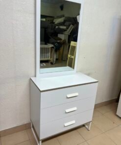 Modern White Vanity Dressing Table with Large Rectangular Mirror & 3 Drawers – Minimalist Makeup Station with Sleek Horizontal Handles & Angled Metal Legs - Image 9