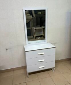 Modern White Vanity Dressing Table with Large Rectangular Mirror & 3 Drawers – Minimalist Makeup Station with Sleek Horizontal Handles & Angled Metal Legs - Image 10