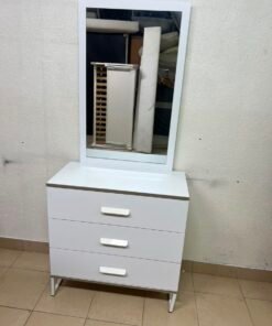 Modern White Vanity Dressing Table with Large Rectangular Mirror & 3 Drawers – Minimalist Makeup Station with Sleek Horizontal Handles & Angled Metal Legs