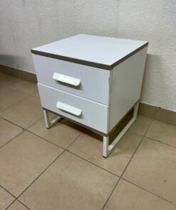 Modern White 2-Drawer Nightstand with Grey Wood-Grain Accents – Bedside Table with Chunky White Handles & Angled Metal Legs - Image 2