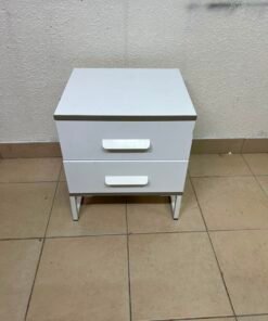 Modern White 2-Drawer Nightstand with Grey Wood-Grain Accents – Bedside Table with Chunky White Handles & Angled Metal Legs - Image 3
