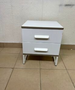Modern White 2-Drawer Nightstand with Grey Wood-Grain Accents – Bedside Table with Chunky White Handles & Angled Metal Legs - Image 4