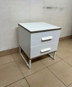 Modern White 2-Drawer Nightstand with Grey Wood-Grain Accents – Bedside Table with Chunky White Handles & Angled Metal Legs - Image 6