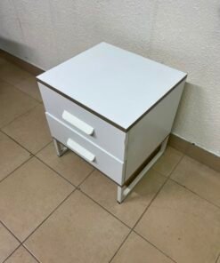 Modern White 2-Drawer Nightstand with Grey Wood-Grain Accents – Bedside Table with Chunky White Handles & Angled Metal Legs - Image 7