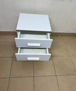 Modern White 2-Drawer Nightstand with Grey Wood-Grain Accents – Bedside Table with Chunky White Handles & Angled Metal Legs - Image 8