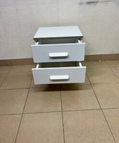 Modern White 2-Drawer Nightstand with Grey Wood-Grain Accents – Bedside Table with Chunky White Handles & Angled Metal Legs - Image 9