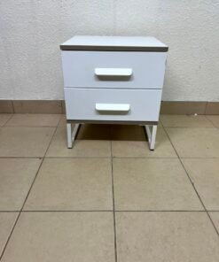 Modern White 2-Drawer Nightstand with Grey Wood-Grain Accents – Bedside Table with Chunky White Handles & Angled Metal Legs