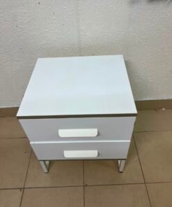 Modern White 2-Drawer Nightstand with Grey Wood-Grain Accents – Bedside Table with Chunky White Handles & Angled Metal Legs - Image 11