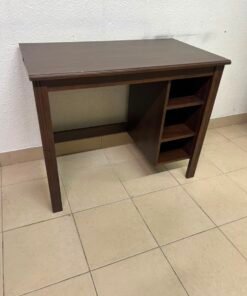Compact Dark Brown Wooden Writing Desk / Study Table with Attached 3-Tier Side Bookshelf – Space-Saving Home Office Workstation with Storage Shelves