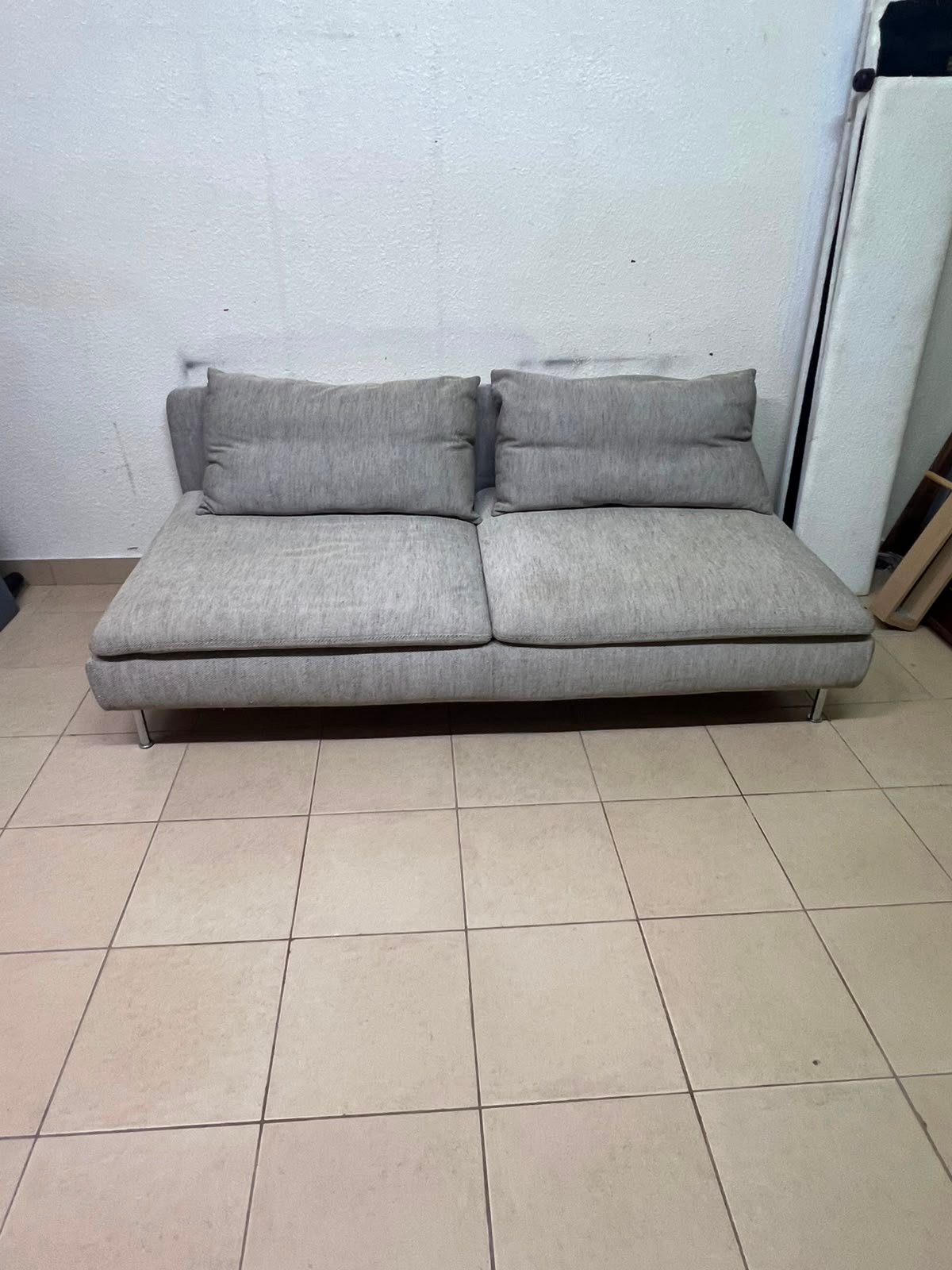 Modern Light Grey Armless 2-Seater Sofa – Minimalist Fabric Loveseat with Plush Cushions & Chrome Metal Legs - Image 2