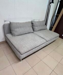 Modern Light Grey Armless 2-Seater Sofa – Minimalist Fabric Loveseat with Plush Cushions & Chrome Metal Legs - Image 3