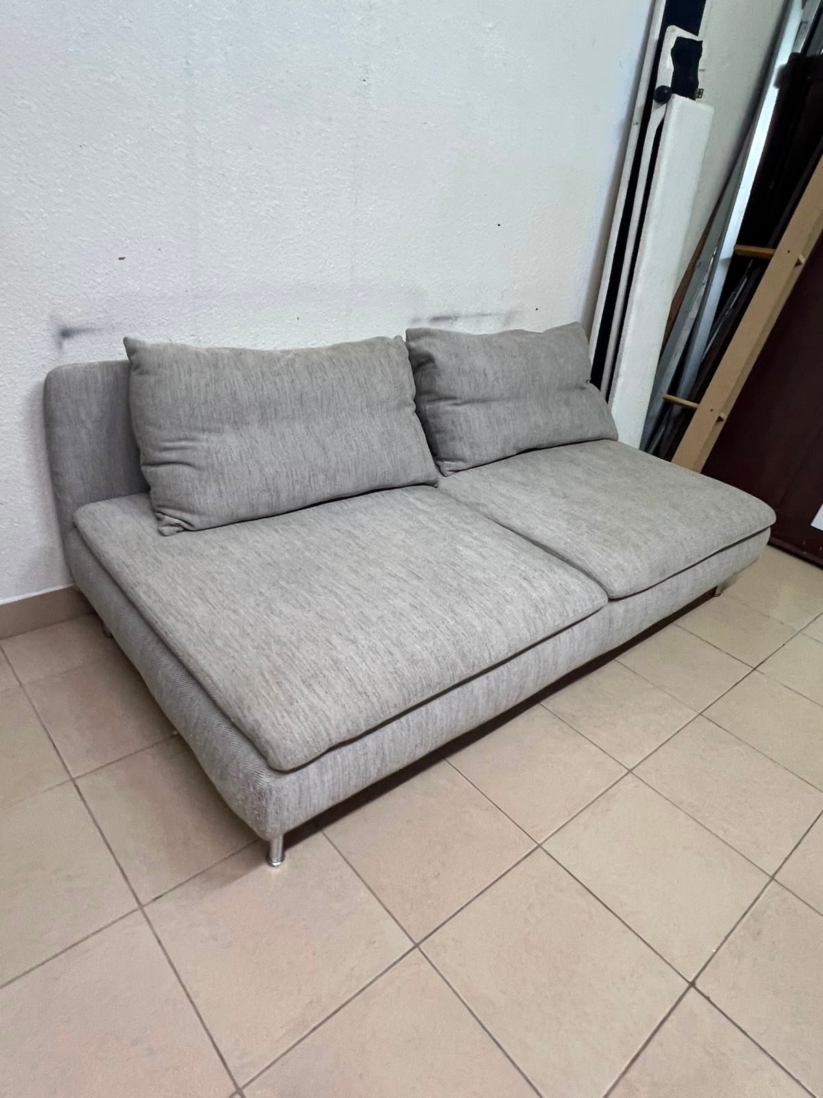 Modern Light Grey Armless 2-Seater Sofa – Minimalist Fabric Loveseat with Plush Cushions & Chrome Metal Legs - Image 3
