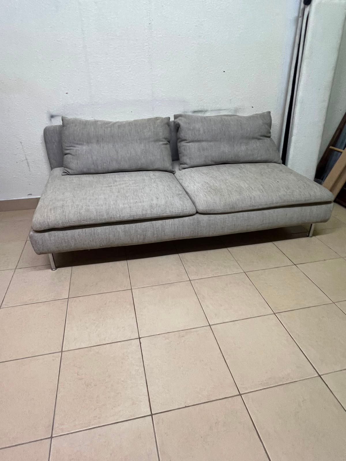 Modern Light Grey Armless 2-Seater Sofa – Minimalist Fabric Loveseat with Plush Cushions & Chrome Metal Legs - Image 4
