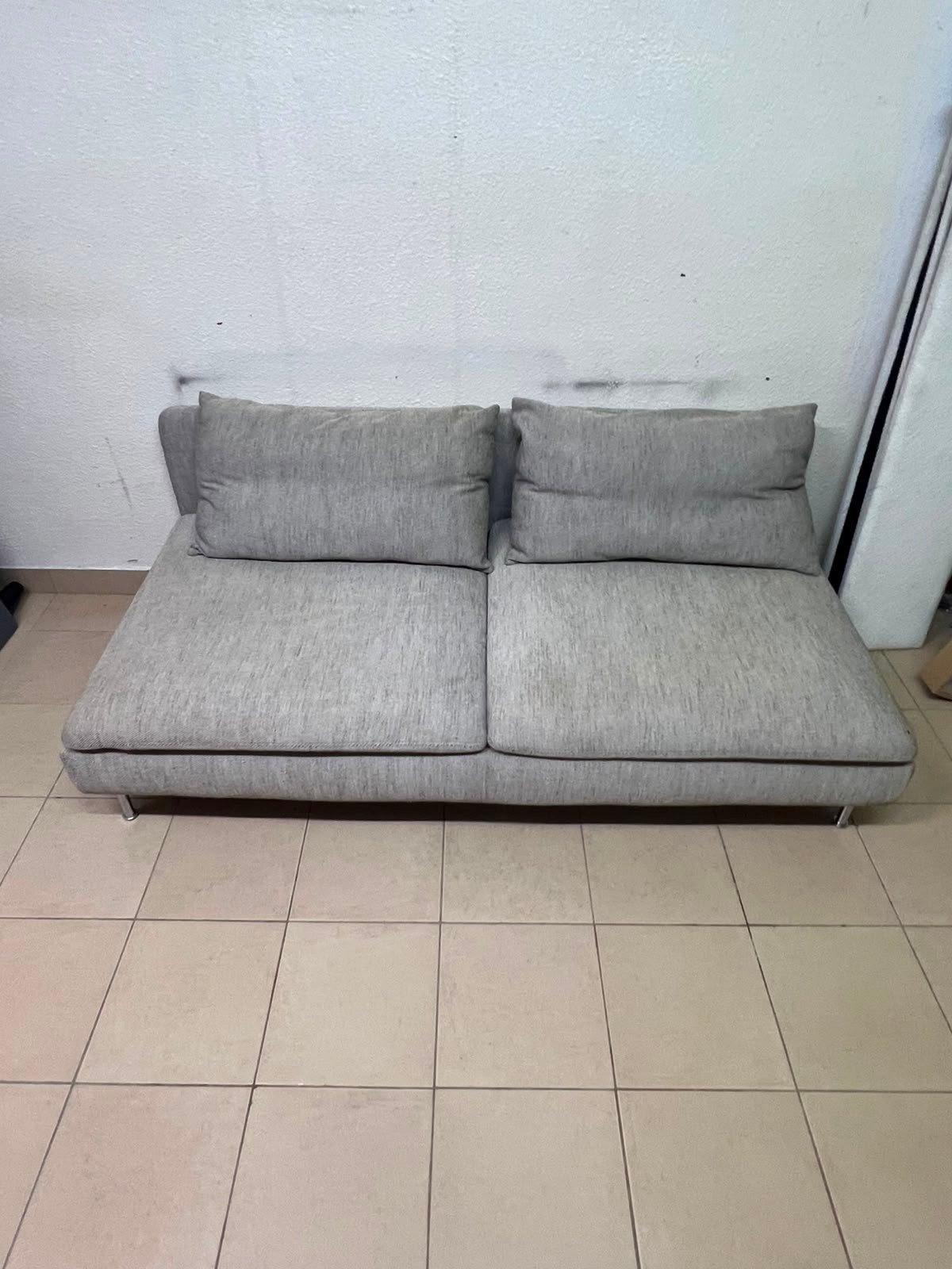 Modern Light Grey Armless 2-Seater Sofa – Minimalist Fabric Loveseat with Plush Cushions & Chrome Metal Legs
